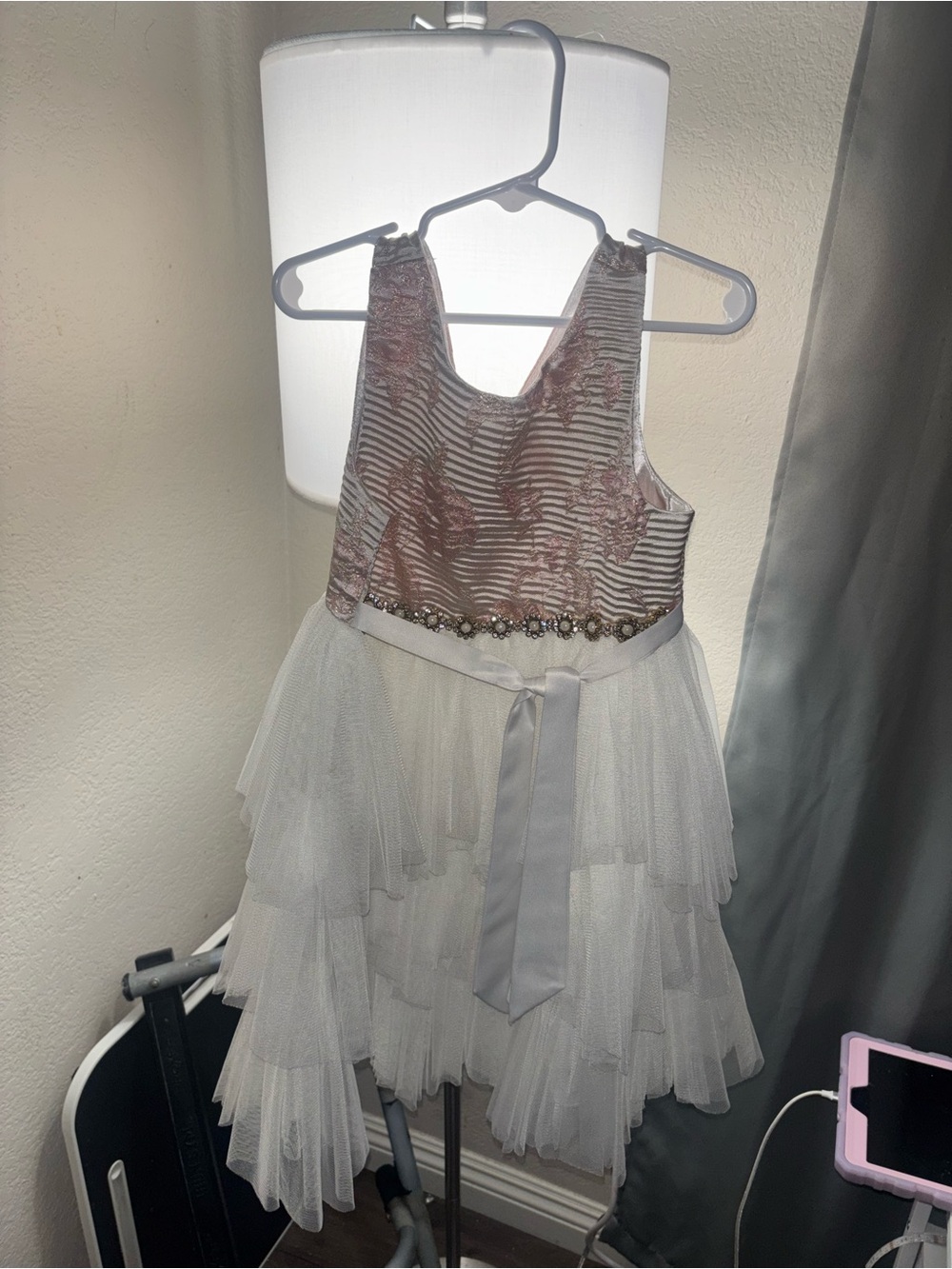 Girls White & Blush Tiered Tulle Party Dress